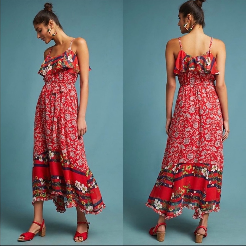 Anthropologie One September Zuri Red Floral Print Midi Dress Size XSP